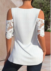 White tops,Plain Color tops,ROTITA Patchwork White V Neck Half Sleeve T Shirt