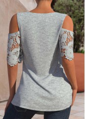 Light Grey Marl tops,Contrast Color tops,ROTITA Patchwork Light Grey Marl V Neck T Shirt