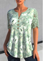 Sage Green tops,Floral tops,Plants tops,ROTITA Lace Floral Print Sage Green Split Neck Blouse