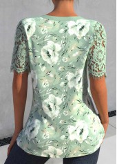 Sage Green tops,Floral tops,Plants tops,ROTITA Lace Floral Print Sage Green Split Neck Blouse