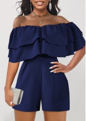 Navy jumpsuits & rompers,Plain Color jumpsuits & rompers,ROTITA Ruffle Navy Off Shoulder Half Sleeve Romper
