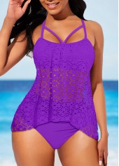 Purple swimwear,Plain Color swimwear,ROTITA Cut Out Lace Purple Tankini Top