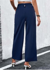 Navy bottoms,Plain Color bottoms,Button Navy Elastic Waist High Waisted Pants