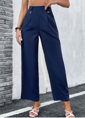 Button Navy Elastic Waist High Waisted Pants