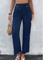 Navy bottoms,Plain Color bottoms,Button Navy Elastic Waist High Waisted Pants