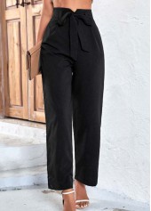 Black bottoms,Plain Color bottoms,Bowknot Black Belted Drawastring High Waisted Pants