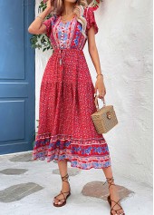Button Ditsy Floral Print Red V Neck Dress