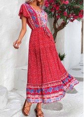 Red dresses,Ditsy Floral dresses,Button Ditsy Floral Print Red V Neck Dress