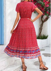 Red dresses,Ditsy Floral dresses,Button Ditsy Floral Print Red V Neck Dress