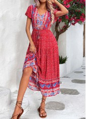 Red dresses,Ditsy Floral dresses,Button Ditsy Floral Print Red V Neck Dress