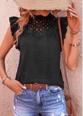Black tops,Plain Color tops,Patchwork Black High Neck Short Sleeve T Shirt