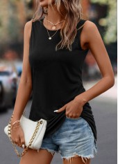 Black tops,Plain Color tops,Button Black Round Neck Tank Top