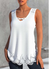 White tops,Plain Color tops,ROTITA Lace White V Neck Tank Top