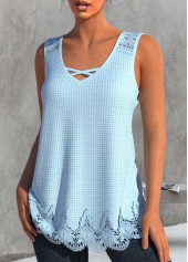 Light Blue tops,Plain Color tops,ROTITA Lace Light Blue V Neck Tank Top
