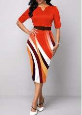 ROTITA Geometric Print Orange Split Neck Dress