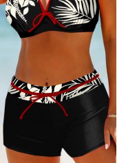 Black swimwear,Plants swimwear,ROTITA Contrast Binding Black Leaf Print Bikini Top