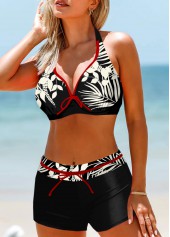 Black swimwear,Plants swimwear,ROTITA Contrast Binding Black Leaf Print Bikini Top