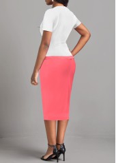 Pink dresses,White dresses,Contrast Color dresses,ROTITA Patchwork Pink Round Neck Short Sleeve Dress