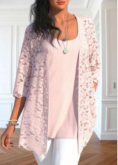 Light Pink tops,Plain Color tops,ROTITA Light Pink Scoop Neck Cardigan and Tank Top