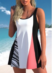 White swimwear,Striped swimwear,ROTITA Patchwork White Wave Pattern Print Swimdress Top