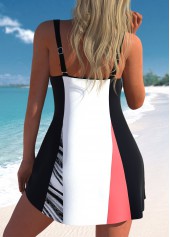 White swimwear,Striped swimwear,ROTITA Patchwork White Wave Pattern Print Swimdress Top