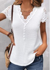 White tops,Plain Color tops,ROTITA Lace White V Neck Short Sleeve T Shirt