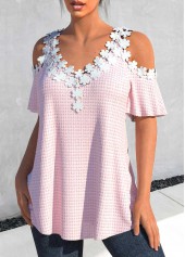 Light Pink tops,Plain Color tops,ROTITA Lace Light Pink V Neck T Shirt