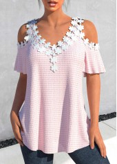 ROTITA Lace Light Pink V Neck T Shirt