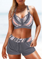 Grey swimwear,Geometric swimwear,ROTITA Circular Ring Grey Geometric Print Bikini Top
