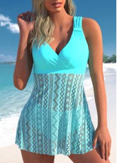Patchwork Wide Strap Cyan Tankini Set