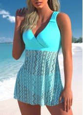 Cyan swimwear,Plain Color swimwear,ROTITA Patchwork Wide Strap Cyan Tankini Top