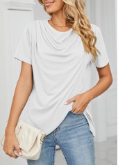White tops,Plain Color tops,Cross Hem White Draped Neck T Shirt