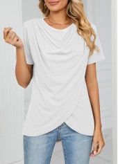 White tops,Plain Color tops,Cross Hem White Draped Neck T Shirt