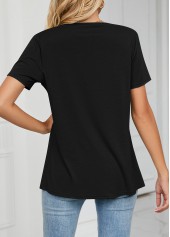 Black tops,Plain Color tops,Cross Hem Black Draped Neck T Shirt