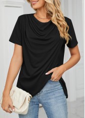 Black tops,Plain Color tops,Cross Hem Black Draped Neck T Shirt