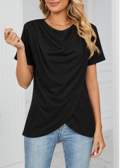 Black tops,Plain Color tops,Cross Hem Black Draped Neck T Shirt