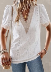 White tops,Contrast Color tops,Patchwork White V Neck Short Sleeve T Shirt