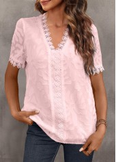 Pink tops,Plain Color tops,ROTITA Lace Pink V Neck Short Sleeve Blouse