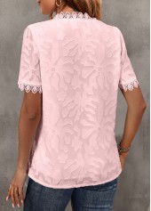 Pink tops,Plain Color tops,ROTITA Lace Pink V Neck Short Sleeve Blouse