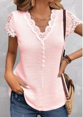 Pink tops,Plain Color tops,ROTITA Lace Pink V Neck Short Sleeve T Shirt