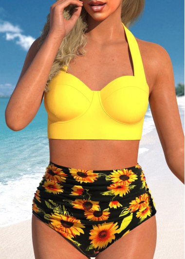 Ginger swimwear,Floral swimwear,ROTITA High Waist Halter Cutout Back Sunflower Print Bikini Set