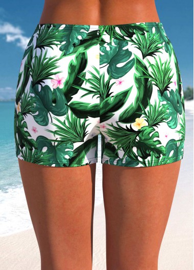 Green swimwear,White swimwear,Plants swimwear,ROTITA Green Tropical Plants Print High Waisted Swim Shorts