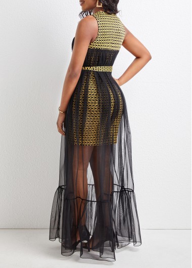 Black dresses,Chevron dresses,Geometric dresses,ROTITA Mesh Chevron Print Black Belted Maxi Dress