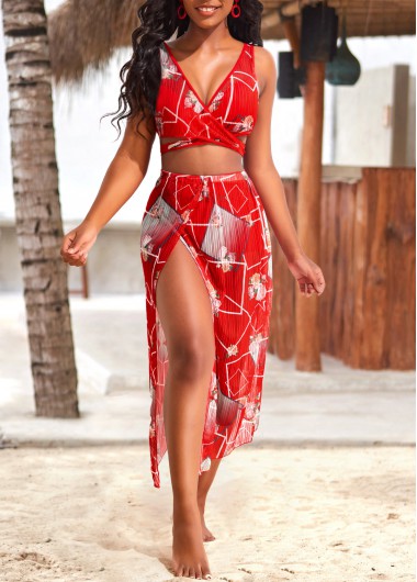 Red swimwear,Floral swimwear,ROTITA Criss Cross Red Floral Print High Waisted Bikini Set