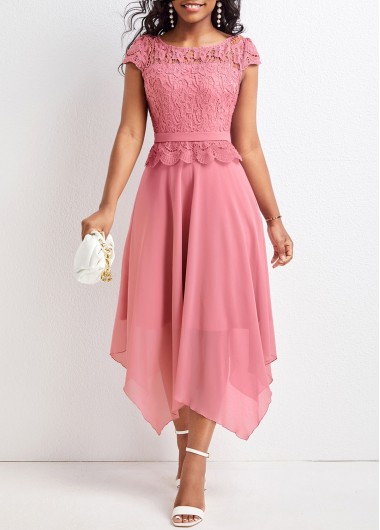 Pink dresses,Plain Color dresses,ROTITA Asymmetry Pink Boat Neck Short Sleeve Dress