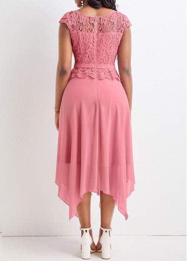 Pink dresses,Plain Color dresses,ROTITA Asymmetry Pink Boat Neck Short Sleeve Dress