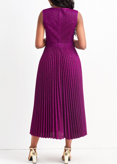 Dark Reddish Purple dresses,Plain Color dresses,ROTITA Shinning Pleated Dark Reddish Purple Round Neck Sleeveless Dress