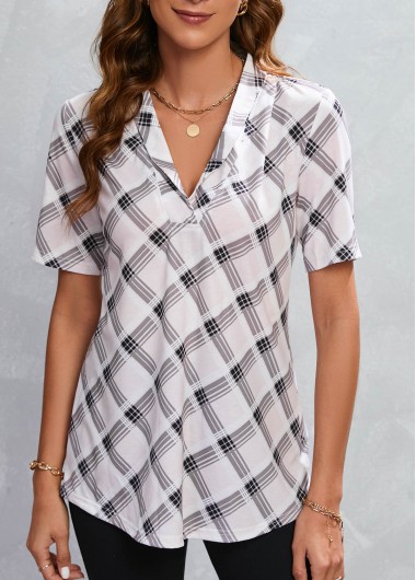 Beige tops,Plaid tops,Geometric tops,Striped tops,ROTITA Striped Plaid Beige V Neck Blouse