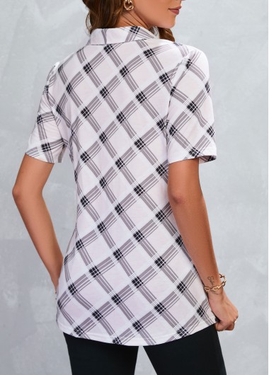 Beige tops,Plaid tops,Geometric tops,Striped tops,ROTITA Striped Plaid Beige V Neck Blouse