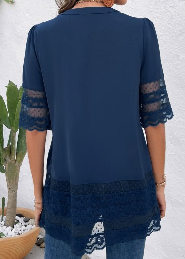 Blue tops,Plain Color tops,ROTITA Lace Blue Round Neck 3/4 Sleeve Blouse